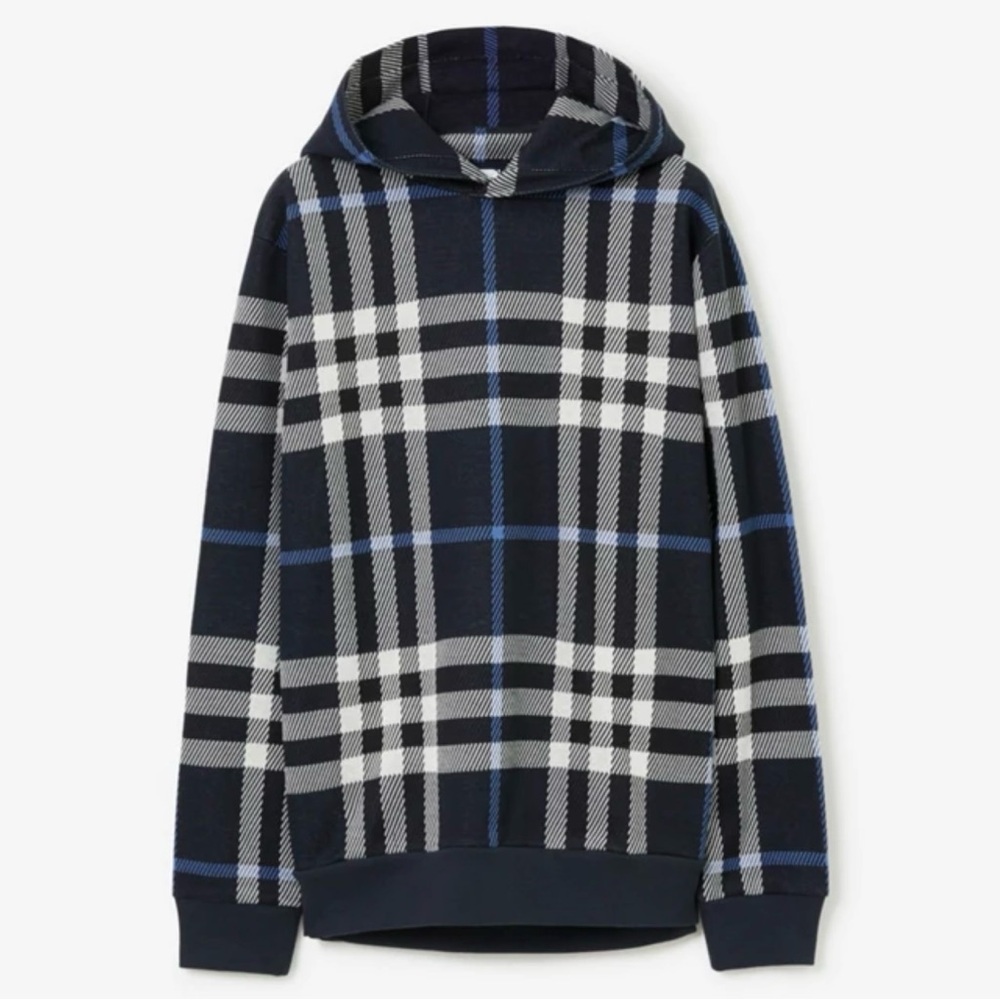 Burberry Check Cotton Hoodie in Blue and White.